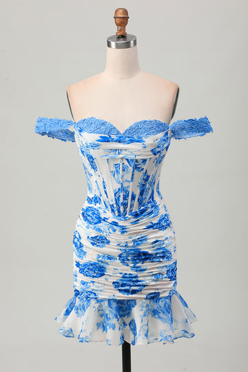 White Blue Flower Off the Shoulder Corset Short Homecoming Dress with Ruffles